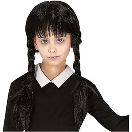 Peluca trenzas negras con flequillo infantil, caja - 15048068